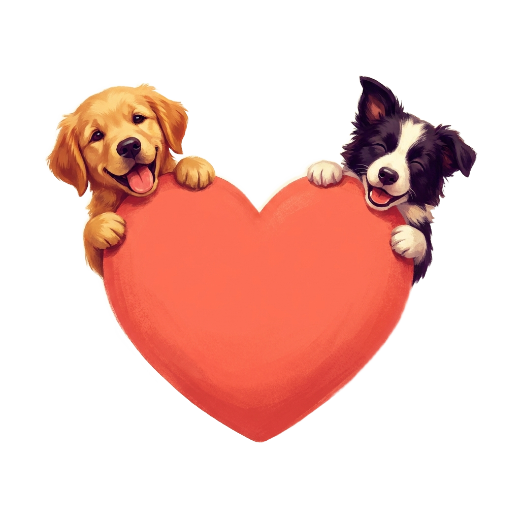 Two happy puppies hugging a big heart