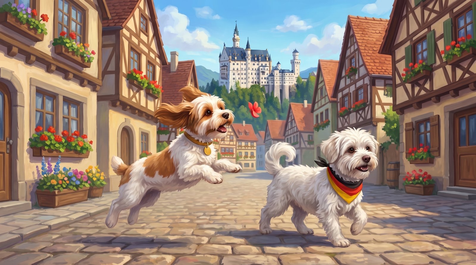 Buddy wearing a German flag bandana while Luna leaps for a flower petal in a Bavarian village below Neuschwanstein castle