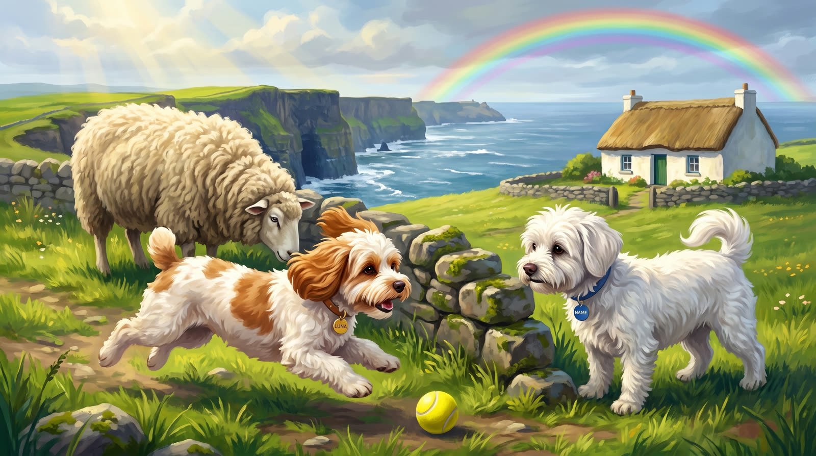 Buddy and Luna meeting a sheep on the green cliffs of Ireland under a rainbow