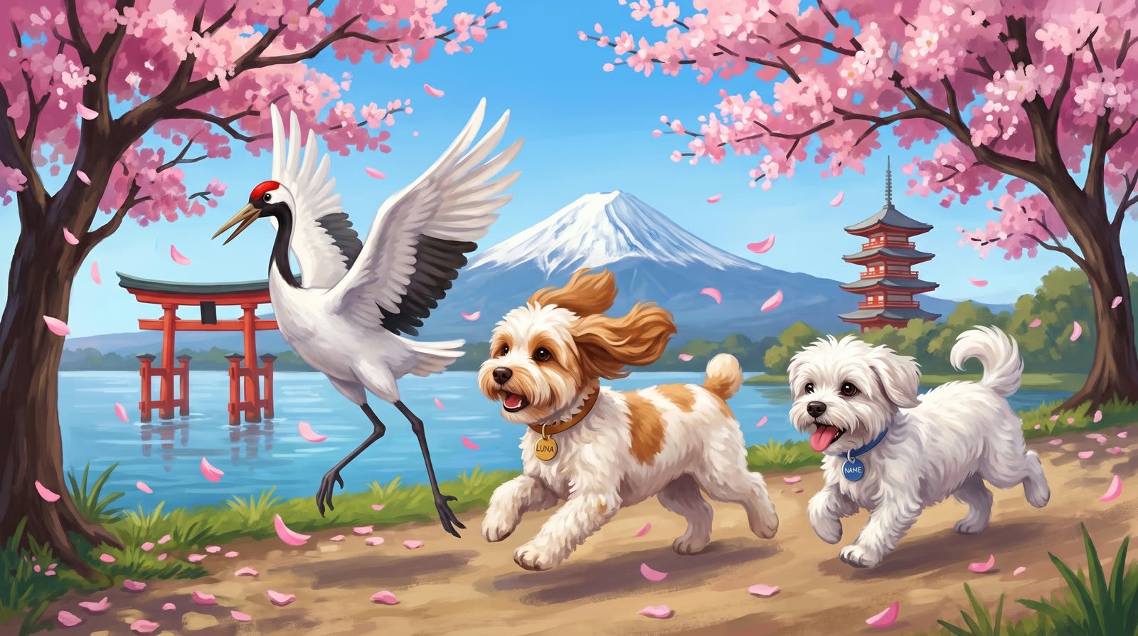 Buddy and Luna playing chase with a red-crowned crane under cherry blossoms in Japan