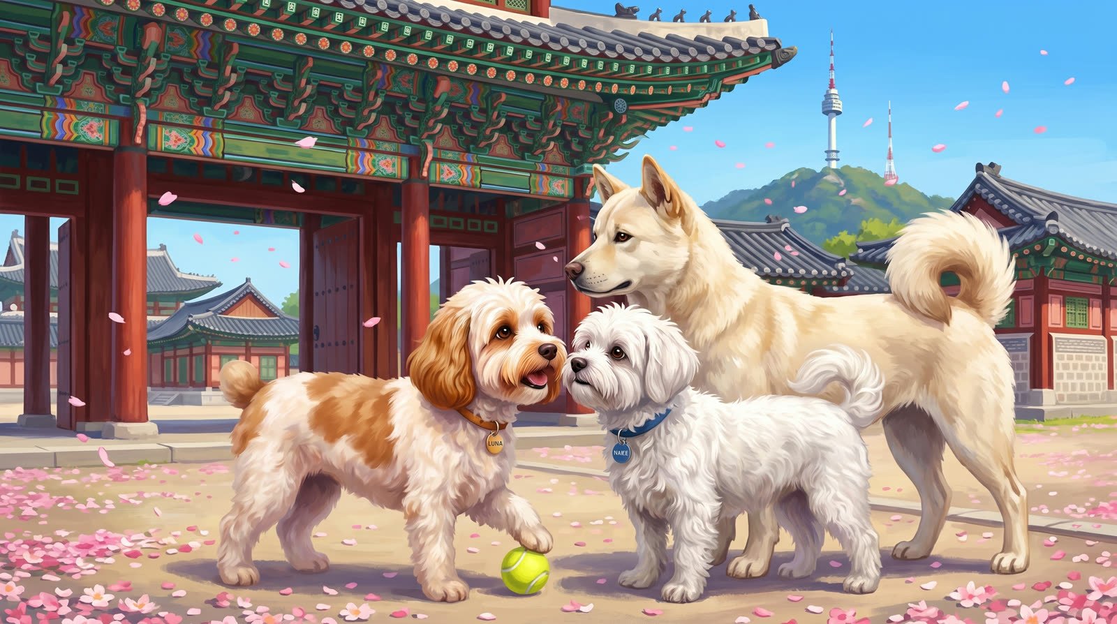 Buddy greeting a Jindo dog at Gyeongbokgung palace in Seoul while Luna offers her ball