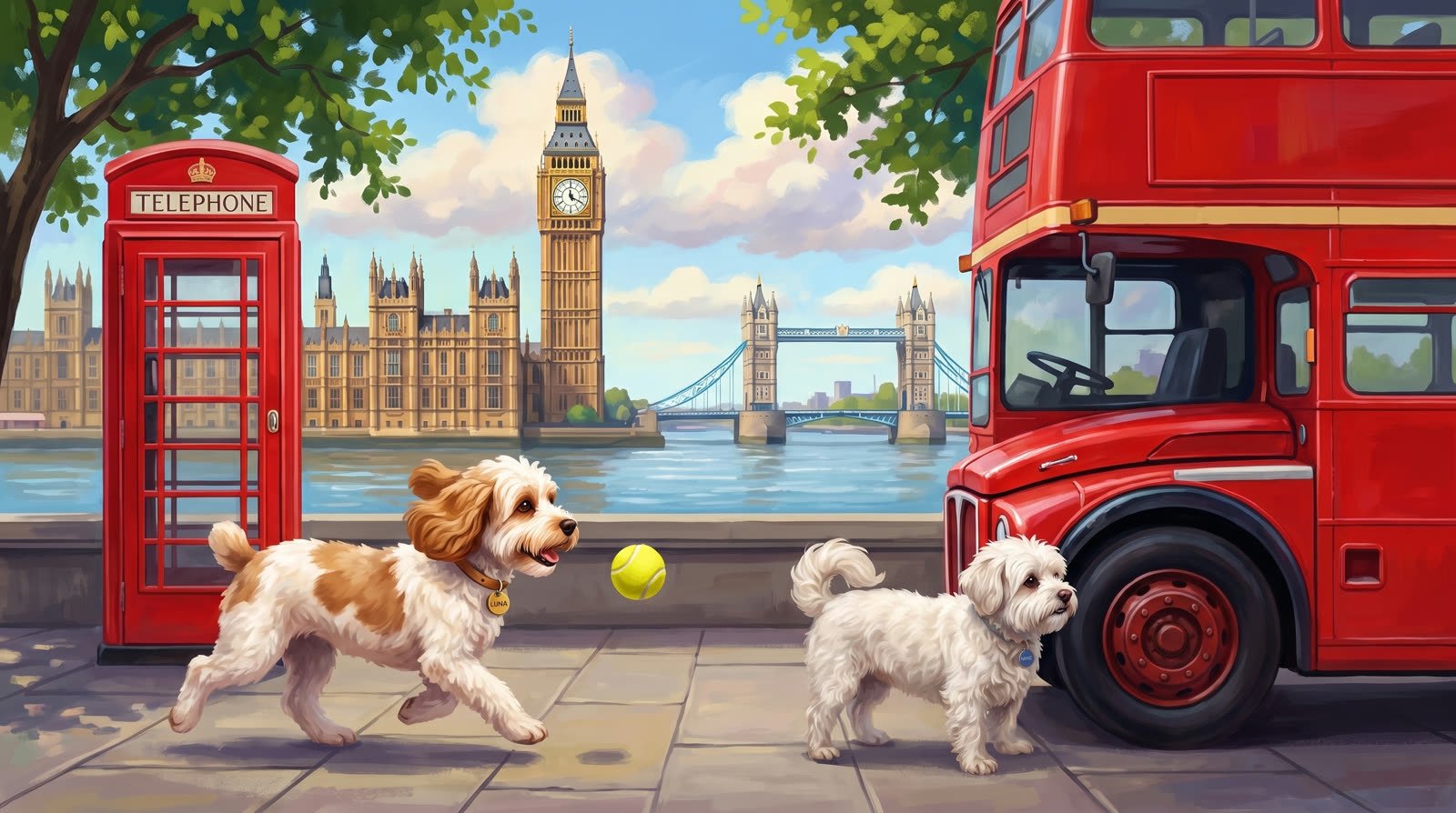 Luna chasing her ball past a red phone box in London while Buddy sniffs a double-decker bus