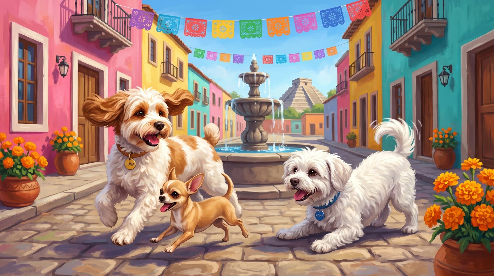 Buddy, Luna and a Chihuahua playing together on a colorful Mexican street