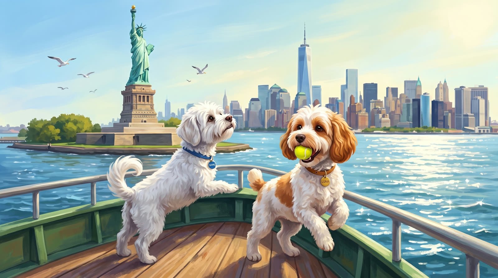 Buddy and Luna on a New York Harbor ferry near the Statue of Liberty