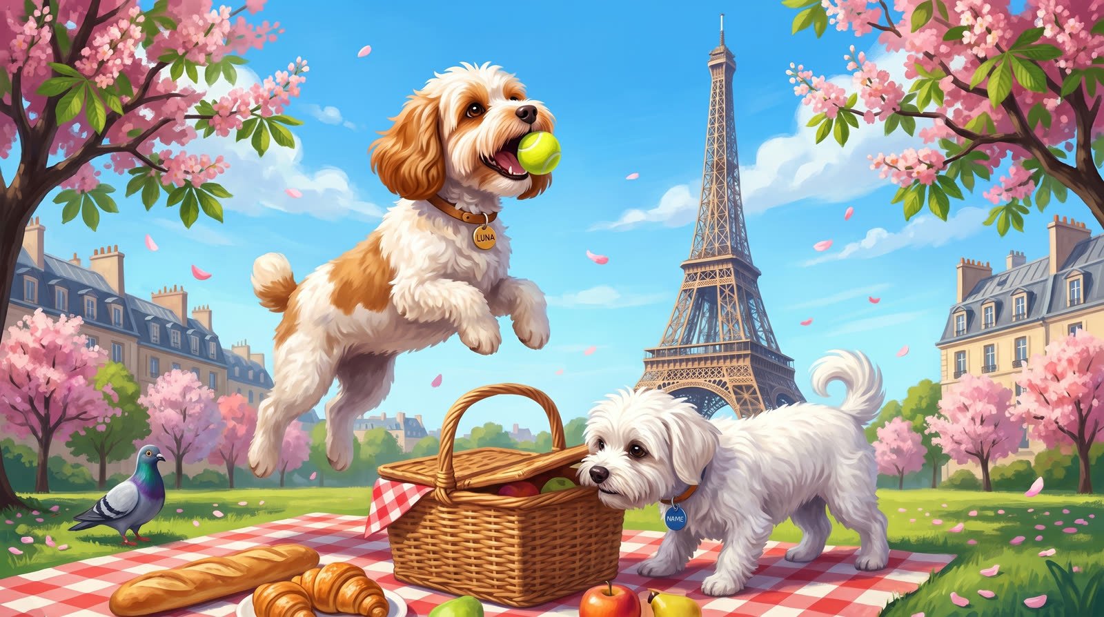Luna catching her ball at a picnic under the Eiffel Tower while Buddy raids the basket