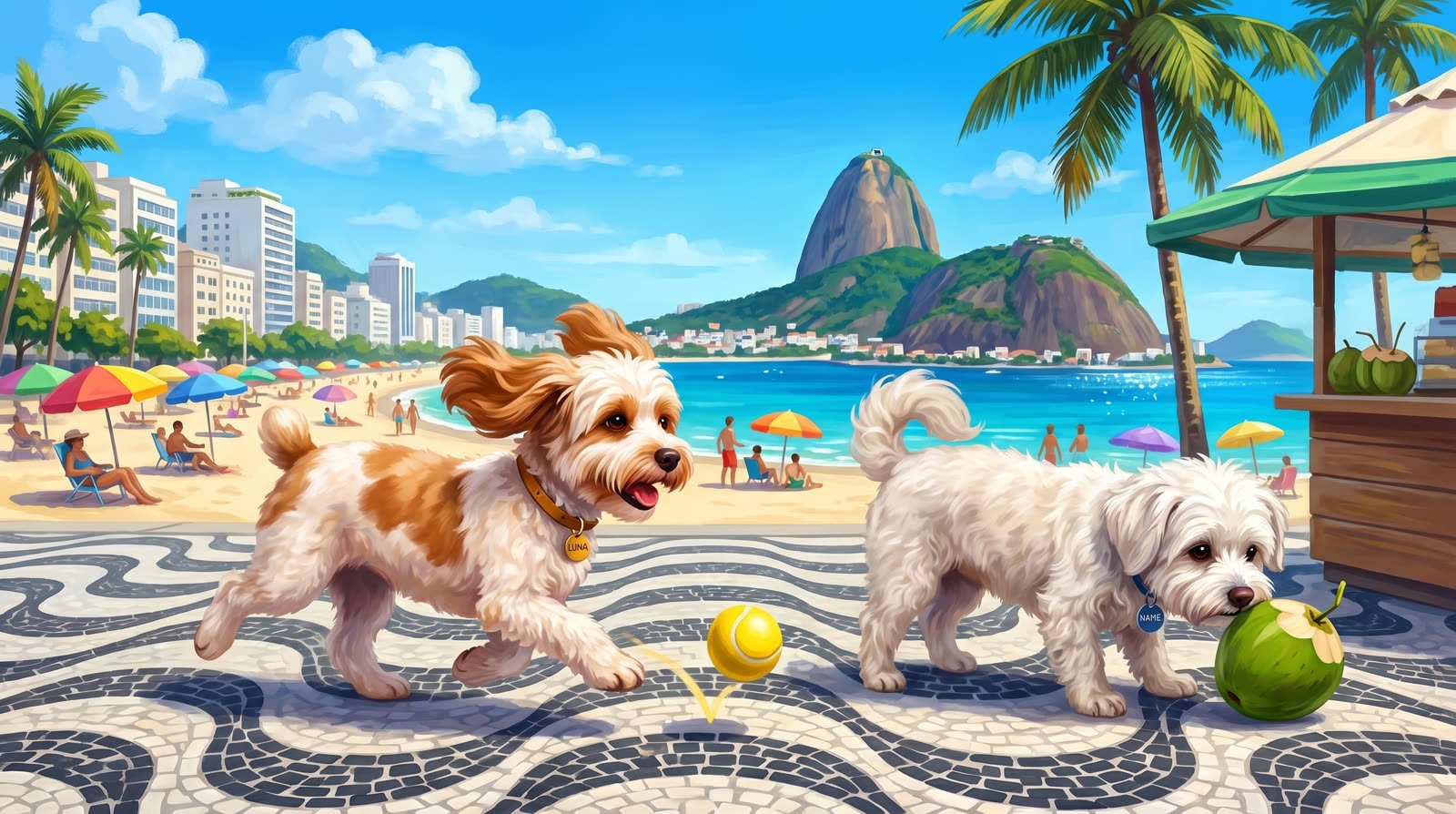 Luna chasing her ball on Copacabana beach while Buddy sniffs a coconut