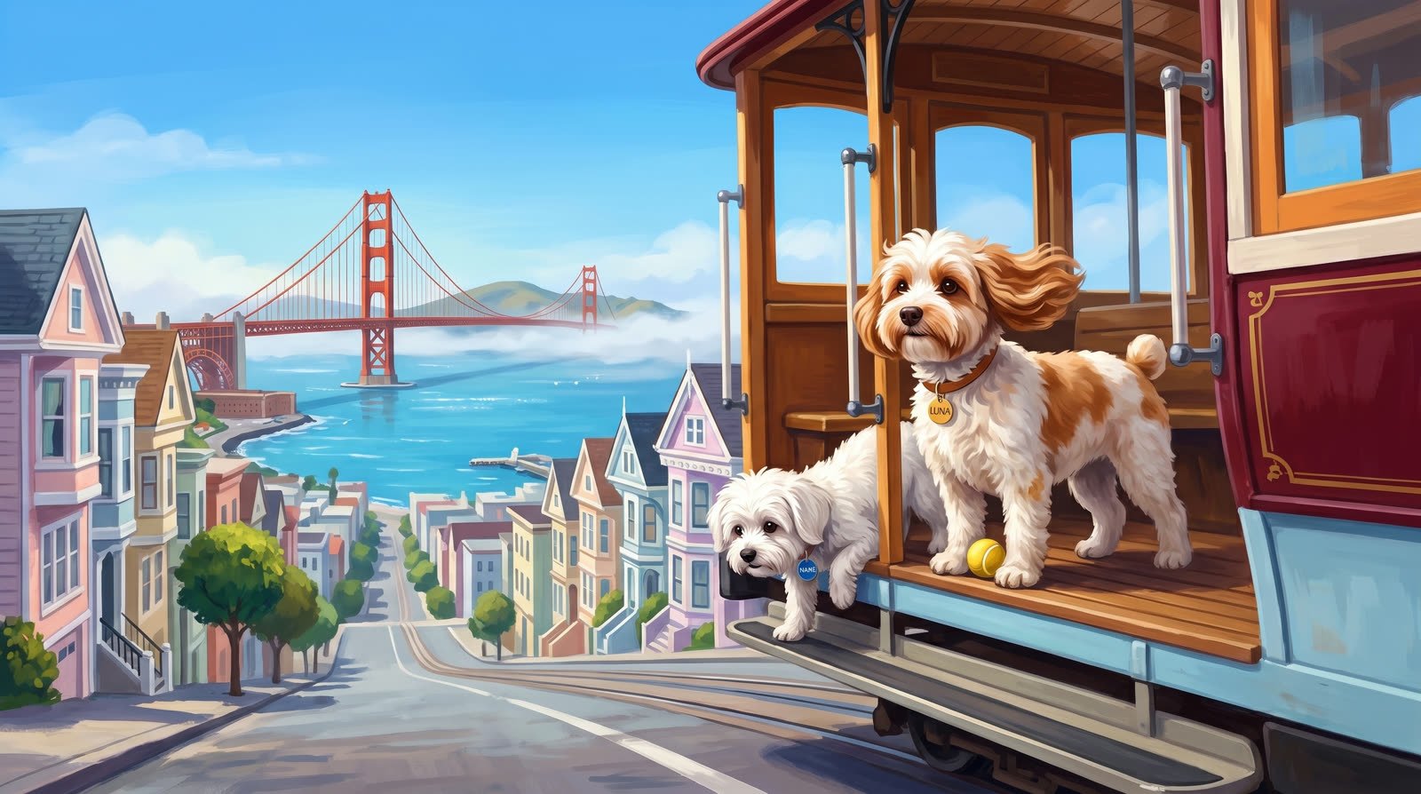 Buddy and Luna riding a San Francisco cable car with the Golden Gate Bridge below