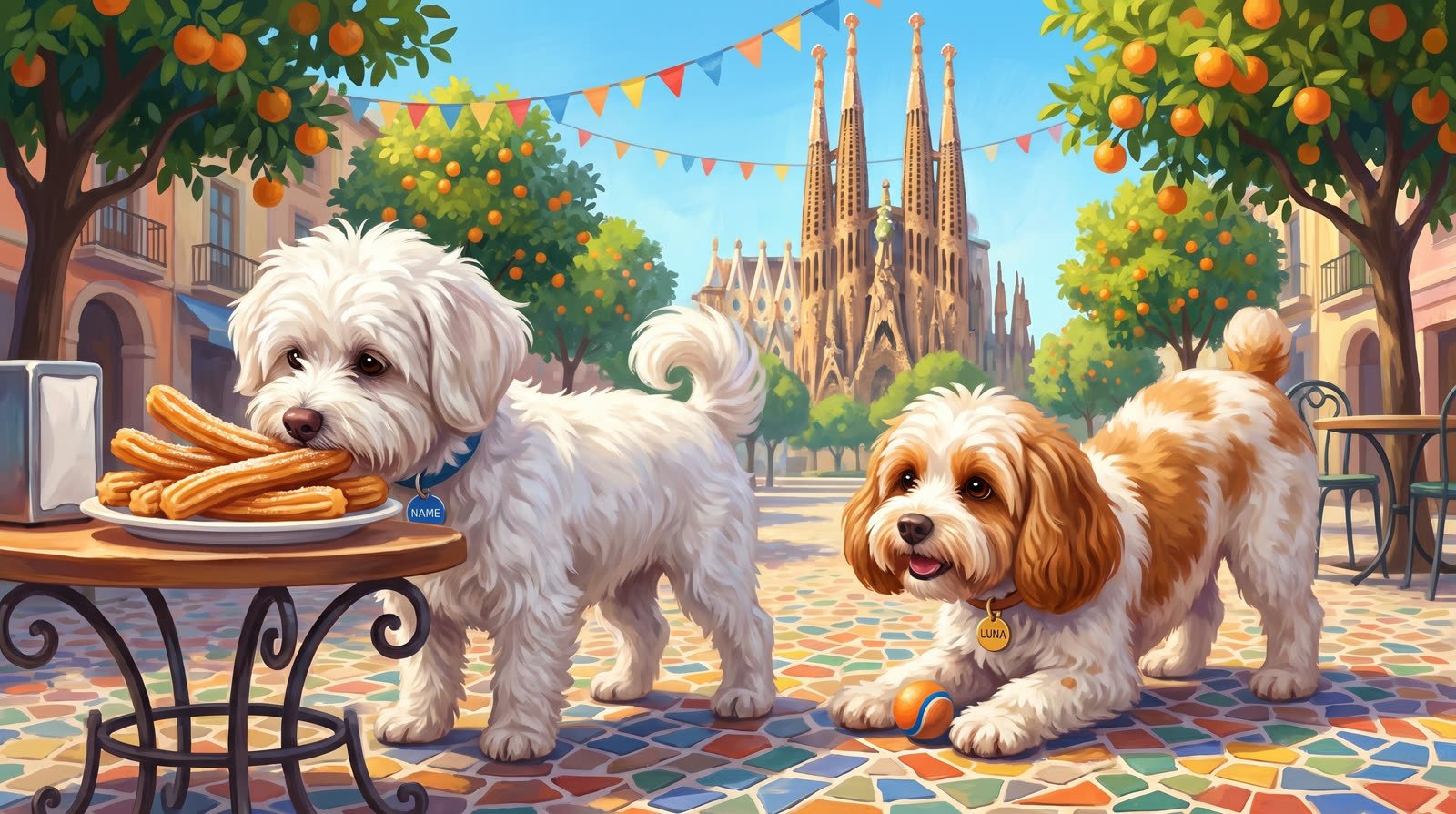 Buddy sniffing churros in Barcelona while Luna play-bows