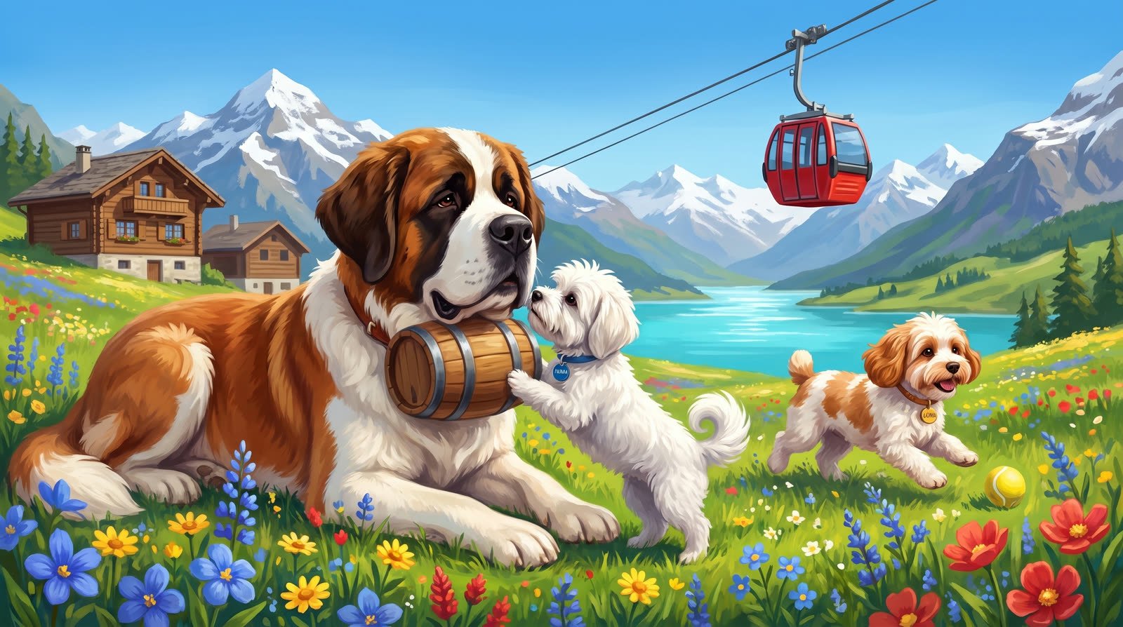 Buddy meeting a St. Bernard in a Swiss alpine meadow while Luna bounds through wildflowers