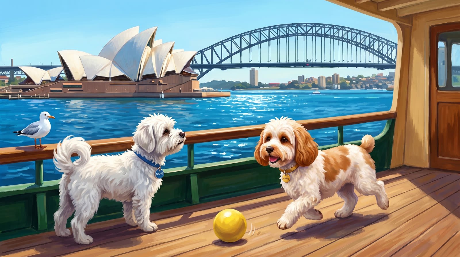 Buddy and Luna on a Sydney harbour ferry with the Opera House behind