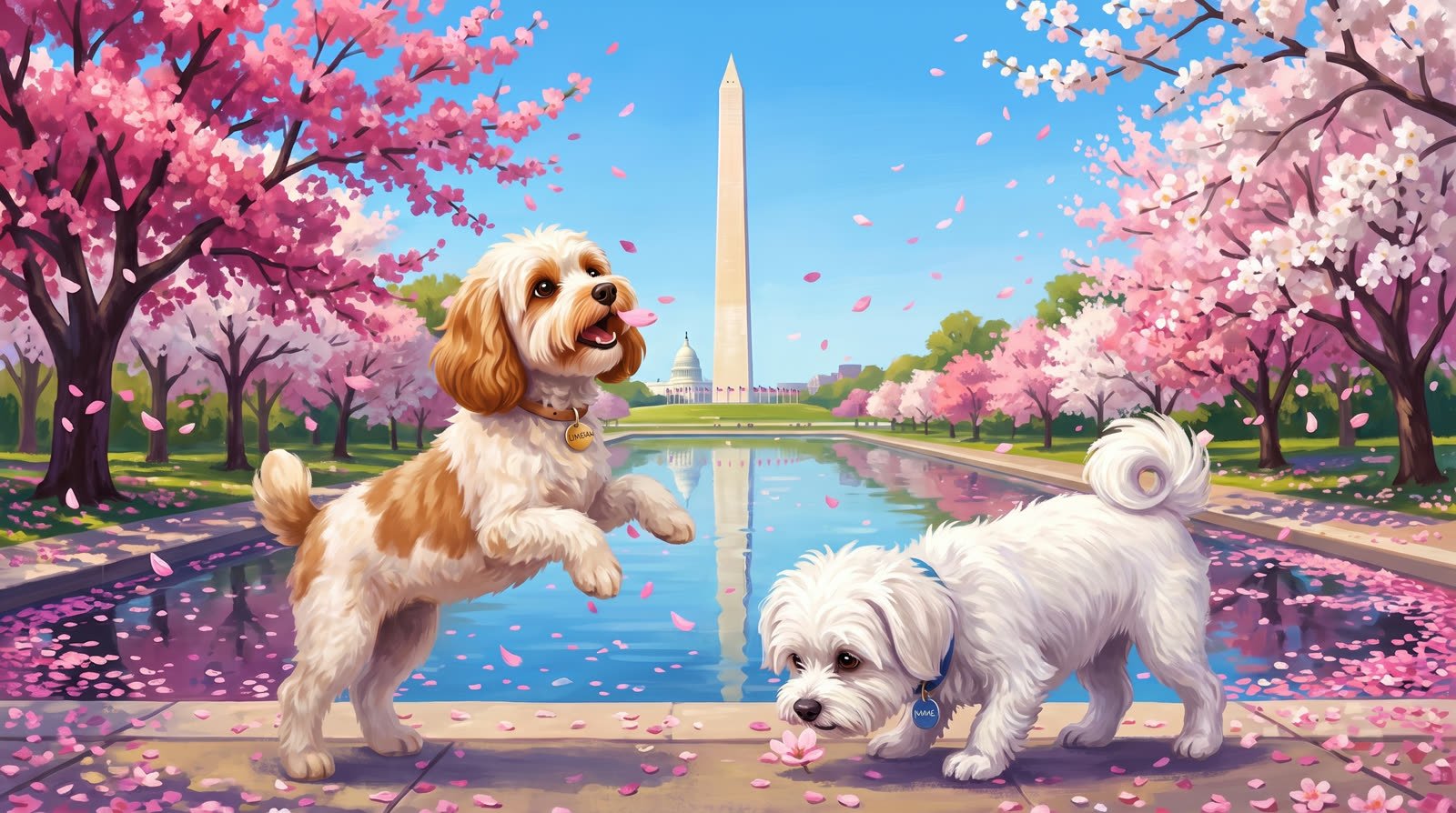 Luna leaping for a cherry blossom petal in Washington DC while Buddy sniffs the path