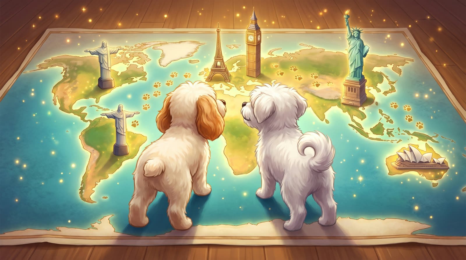 Buddy and Luna planning their next adventure on a glowing world map