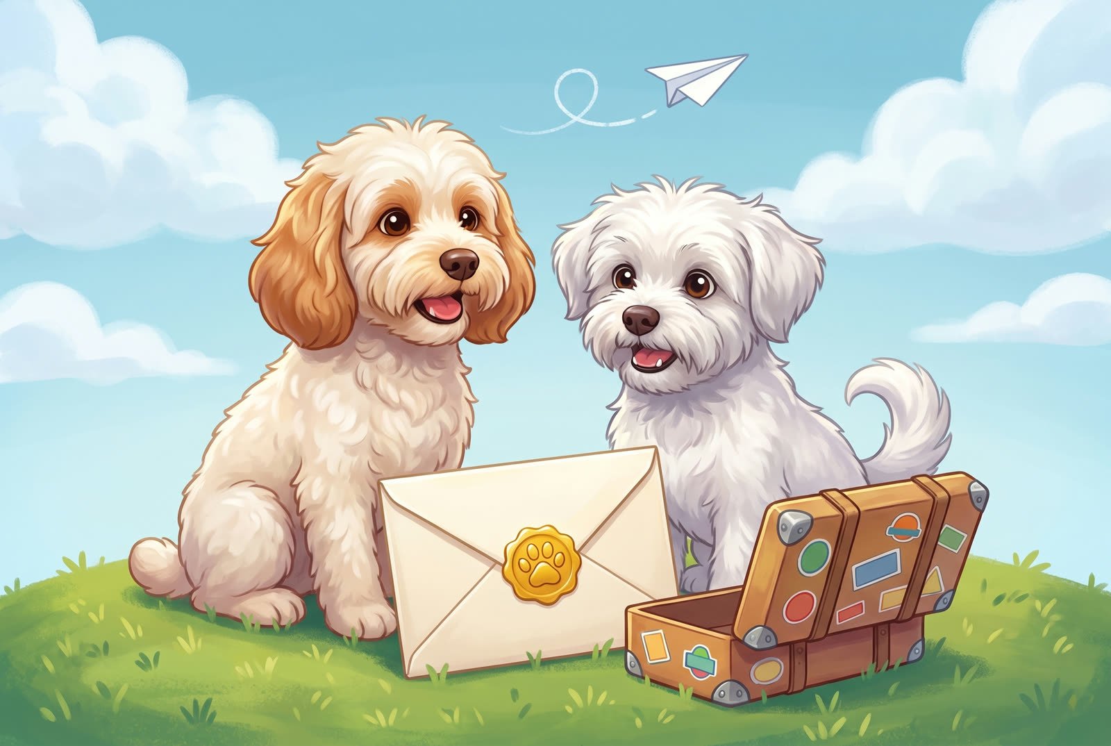Buddy and Luna with a letter sealed with a paw print